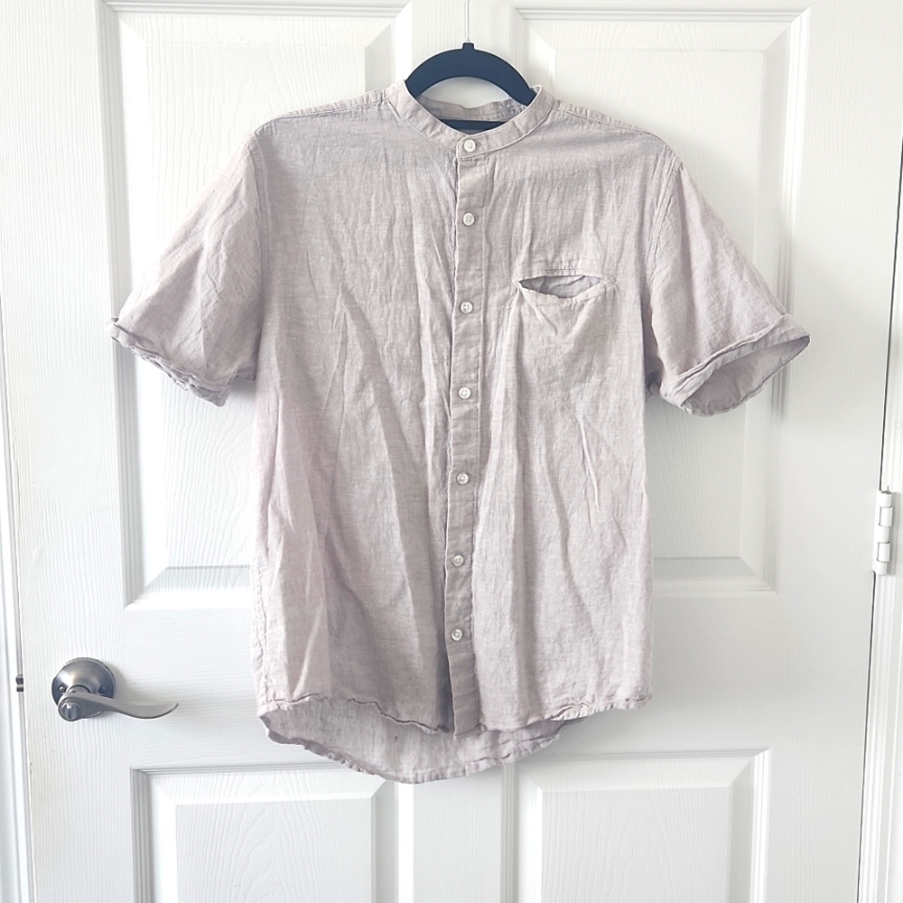 Mens Linen Gray Button Up Mock Neck Medium